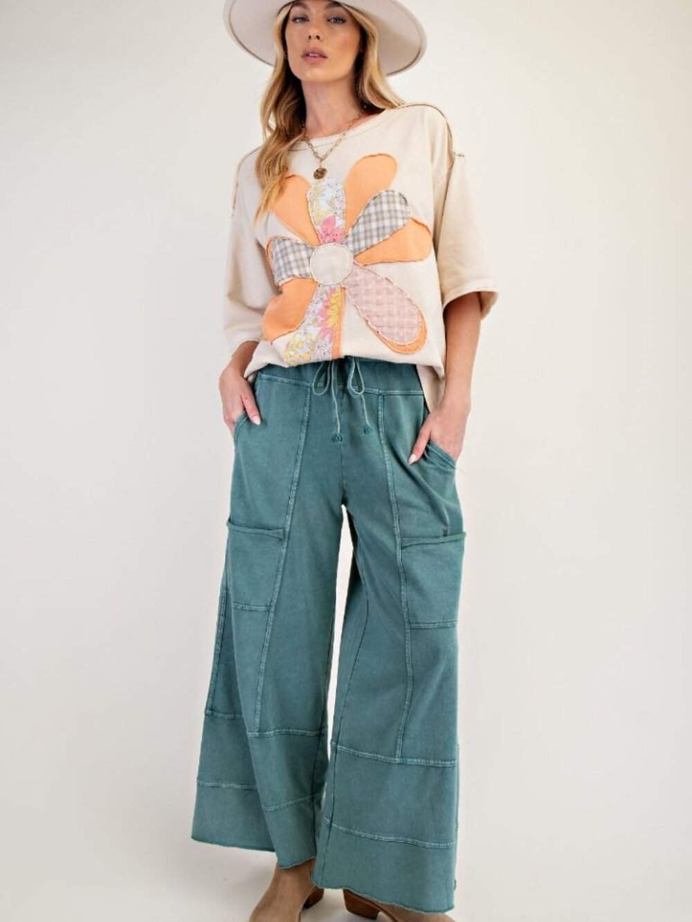 E46 Easel Teal Mineral Washed Terry Pants Plus - Picture 2 of 6